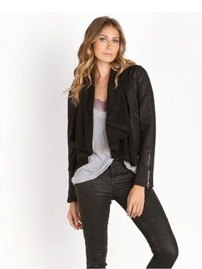 Free People Coated Black Moto Jacket Waterfall Drape Front Zip Cuffs Size 4